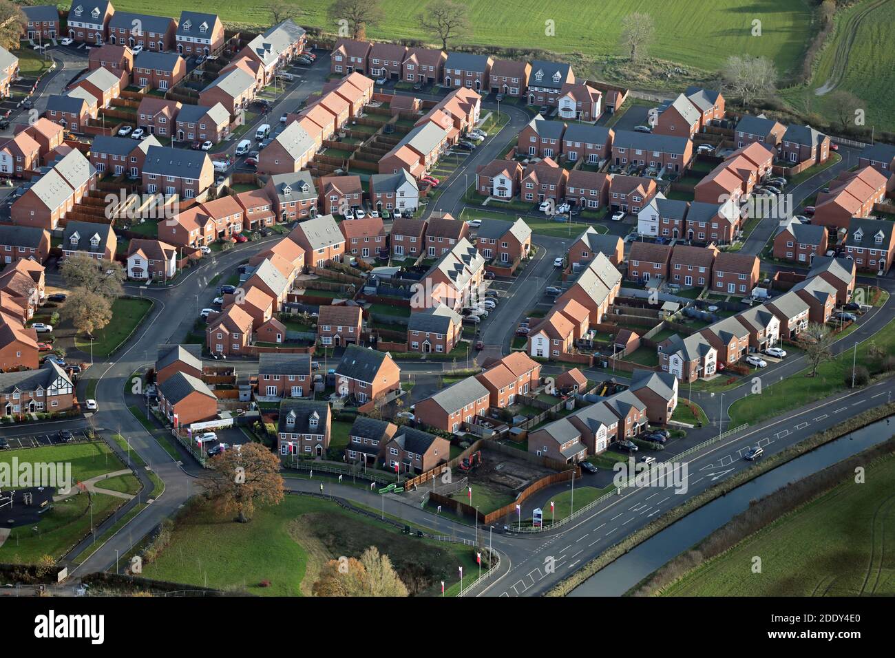 aerial view of the Taylor Wimpey Albion Lock housing development at Sandbach, Cheshire, UK Stock Photo