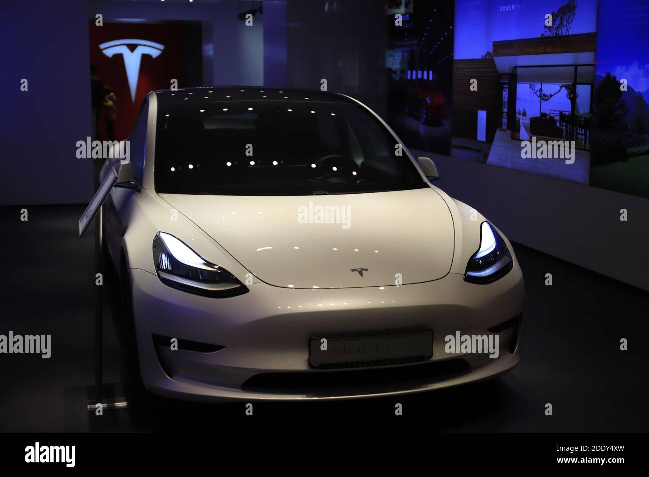 Berlin, Germany - November 14, 2020: Tesla Model 3 at the showroom in Berlin Stock Photo