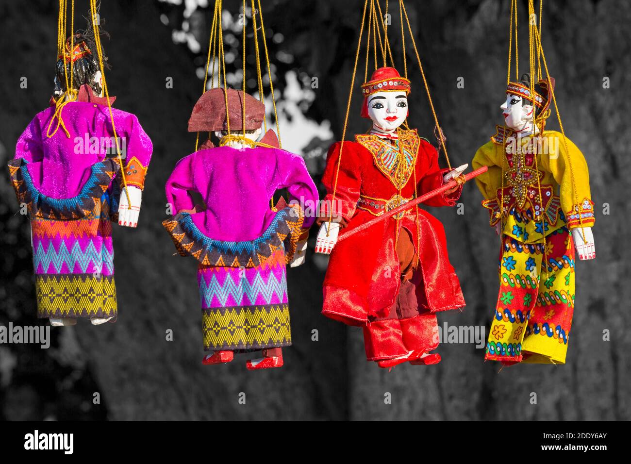 hanging string puppets for sale on stall at Bagan, Myanmar (Burma), Asia in February Stock Photo