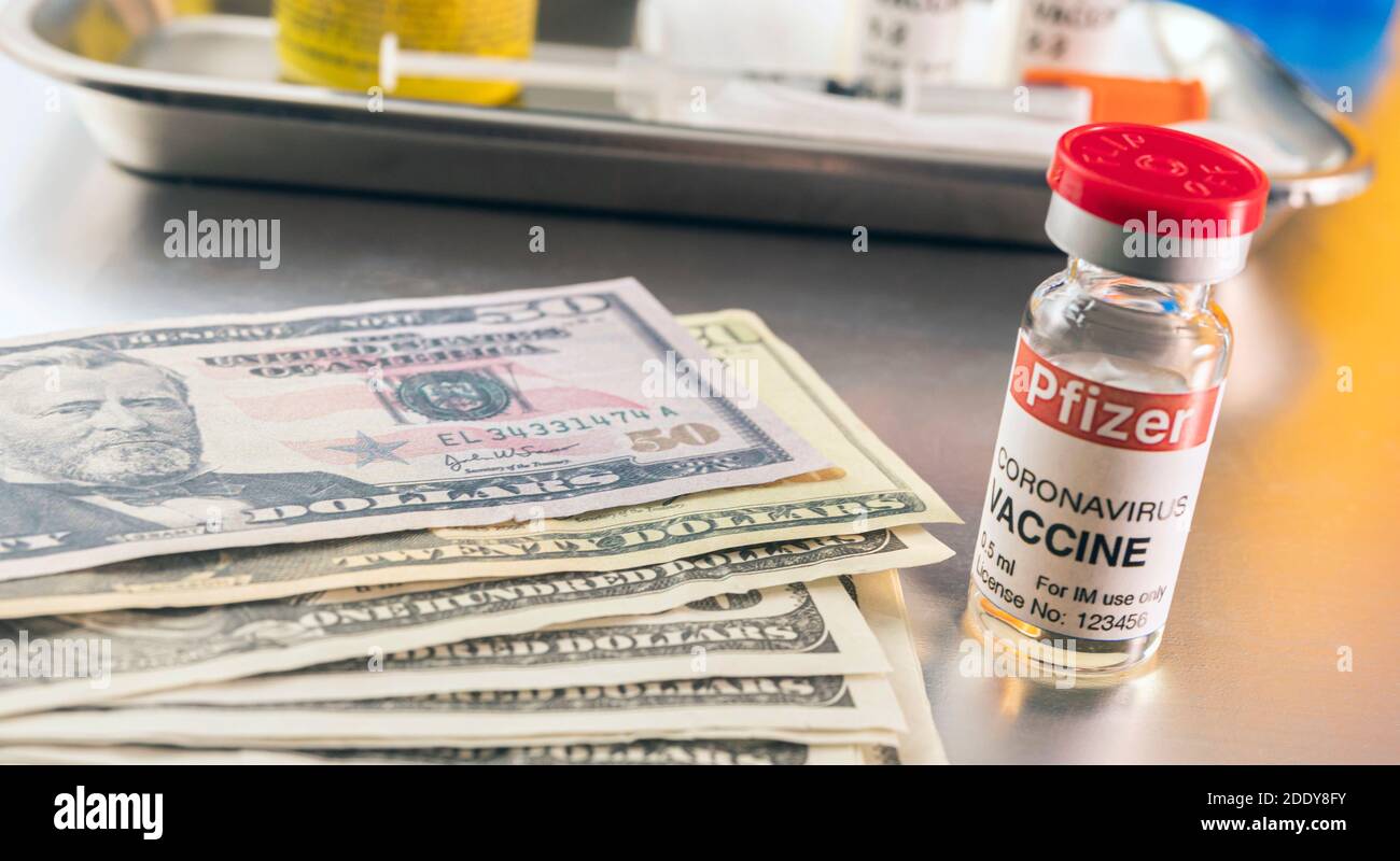 Covid-19 coronavirus vaccine for vaccination plan together with banknotes, conceptual image, recreation experimental treatment fictitious Stock Photo