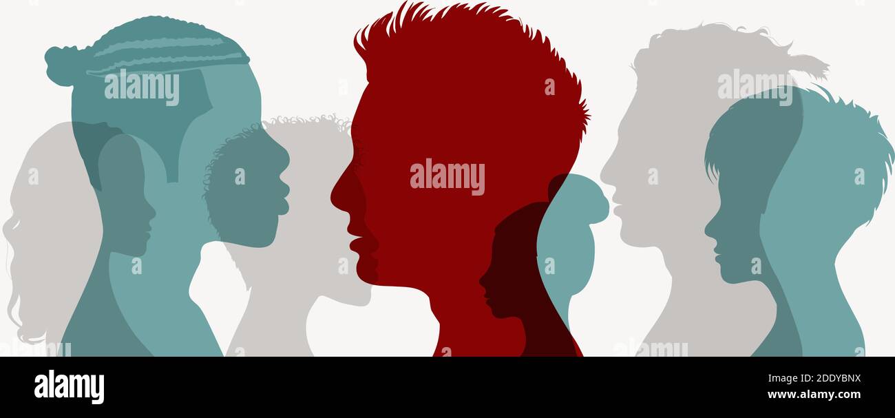 Influencer.Influencing a crowd of people.Persuasion propaganda and influence on the masses.Group human heads silhouette in profile.Recruit new members Stock Vector