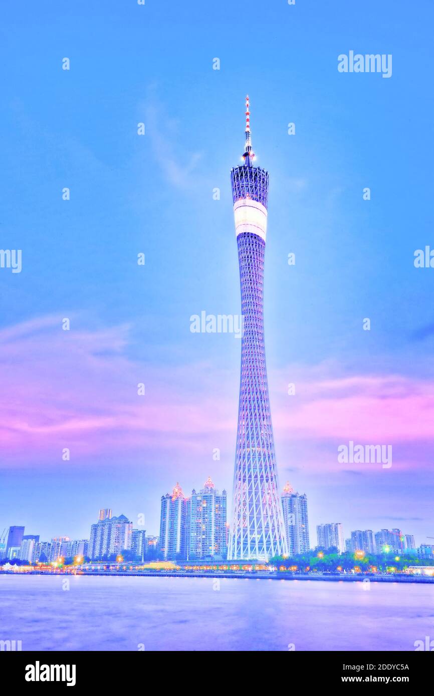 China guangzhou tower and the pearl river at night Stock Photo