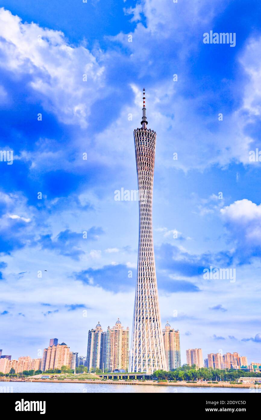 Under the blue sky white cloud of China guangzhou tower and the pearl river Stock Photo
