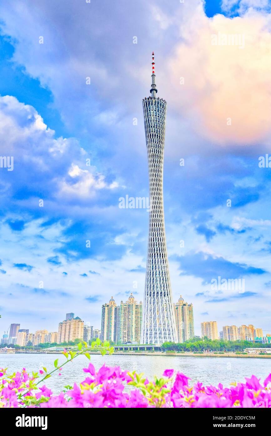Under the blue sky white cloud of China guangzhou tower and the pearl river Stock Photo