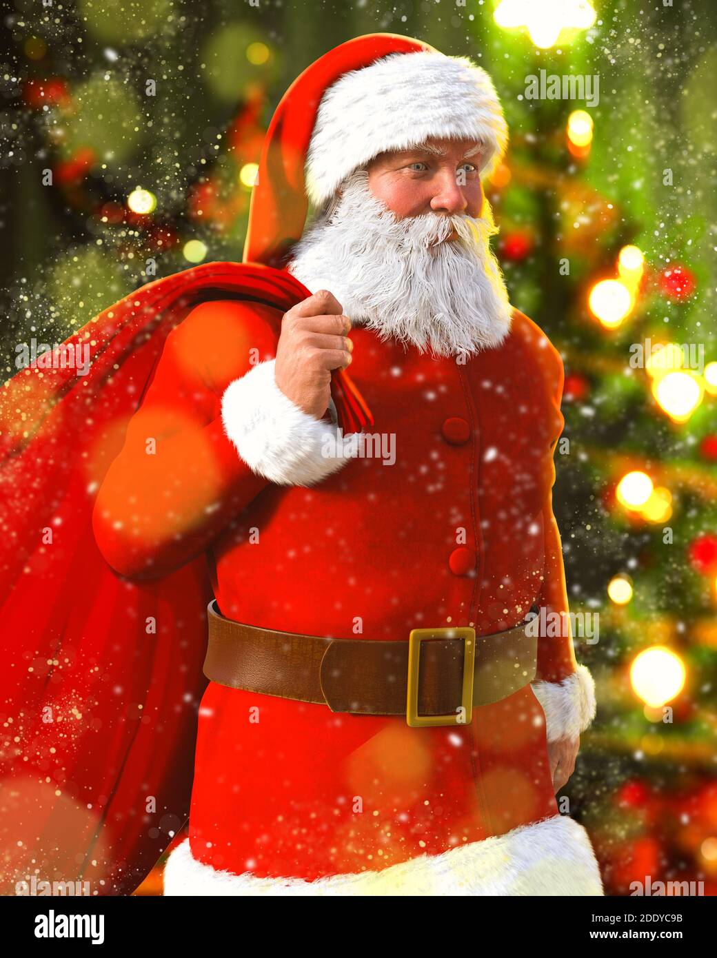 Santa Claus with bag full of gifts on Christmas eve, 3d render. Stock Photo