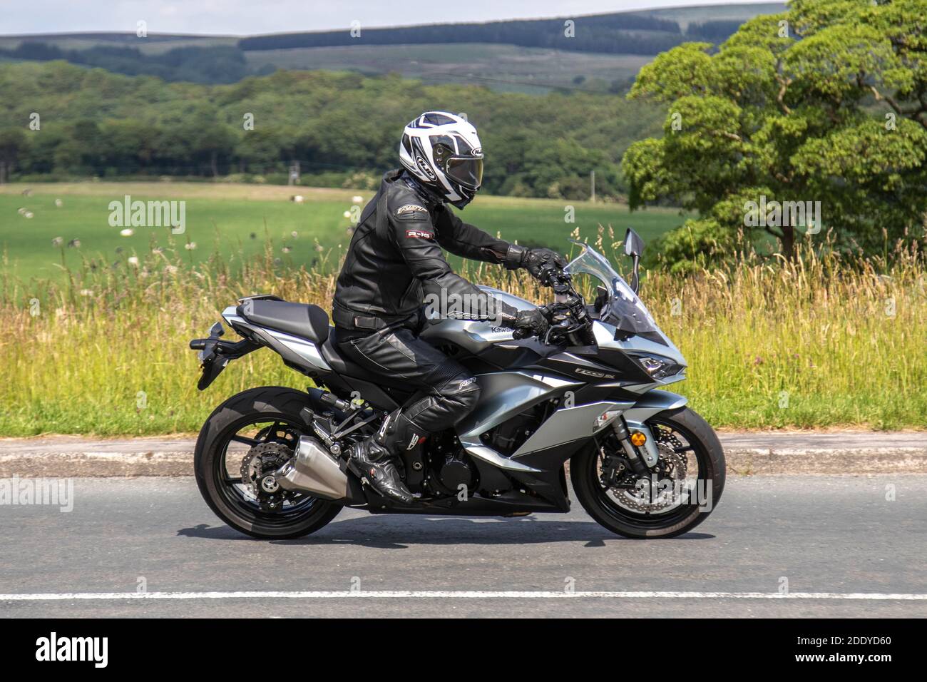 2019 Kawasaki ZX 1000 WJF; Motorbike rider; two wheeled transport, motorcycles, vehicle, roads, motorbikes, motorcycle bike riders motoring in Chorley, UK Stock Photo
