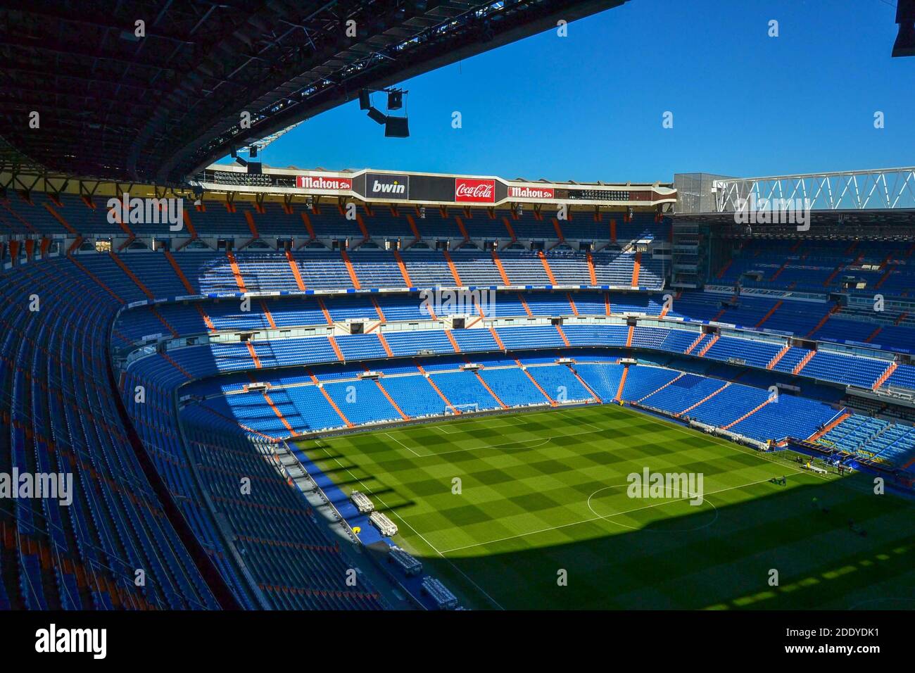 Spain, Madrid, 17.02.2012. Full empty of Bernabeu Stadium of Football club Real Madrid during sunny day. Stock Photo