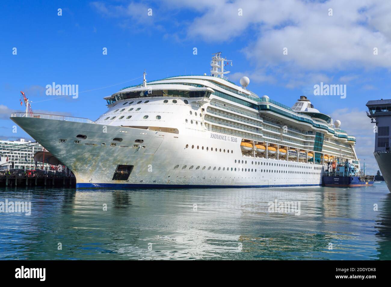The Royal Caribbean cruise liner 'Radiance of the Seas' in Auckland Harbour with the oil tanker 'Awanuia' alongside Stock Photo