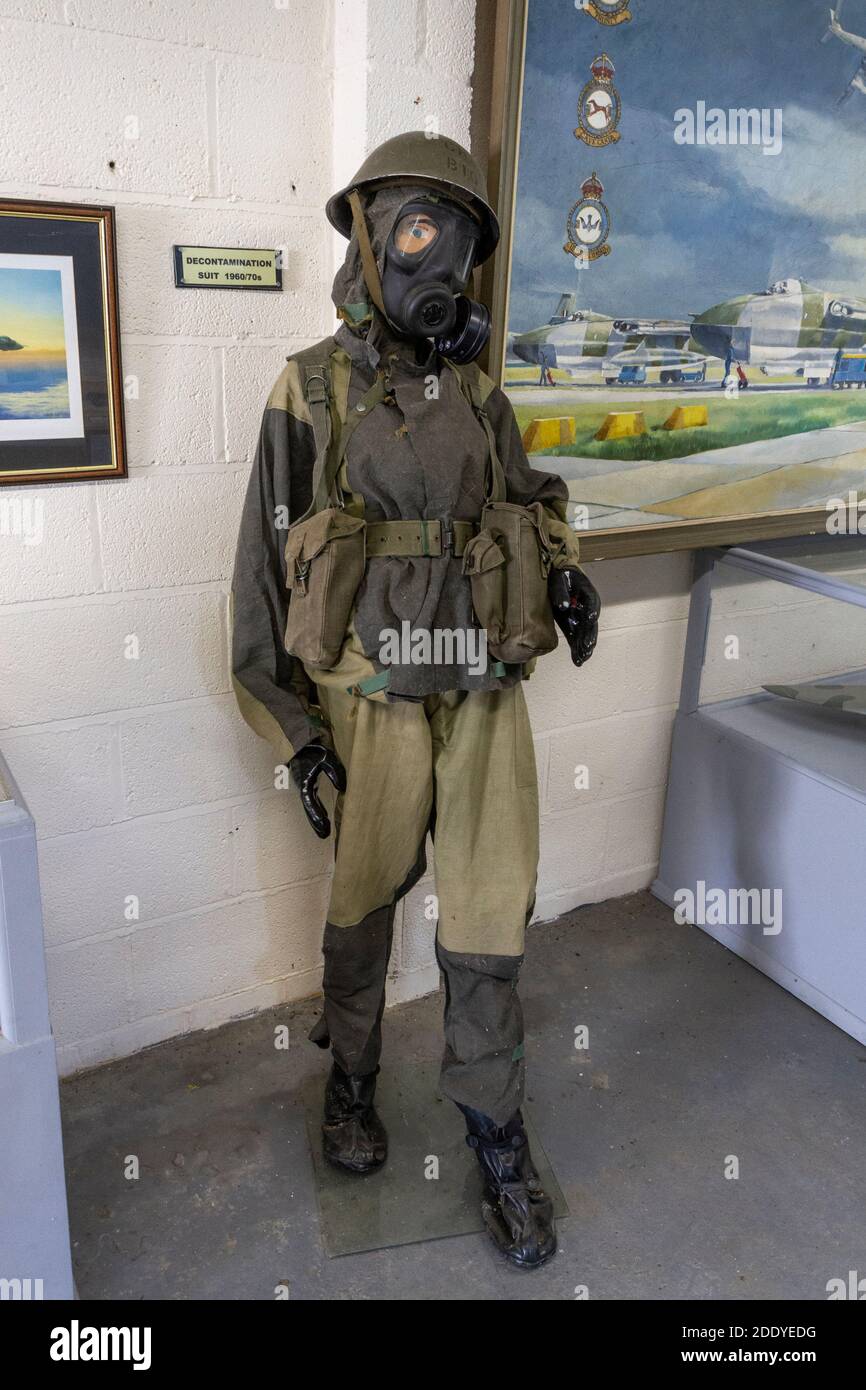 A decontamination suit (c.1960's/70's), Thorpe Camp Visitor Centre, a WWII Royal Air Force barracks, Lincolnshire, UK. Stock Photo