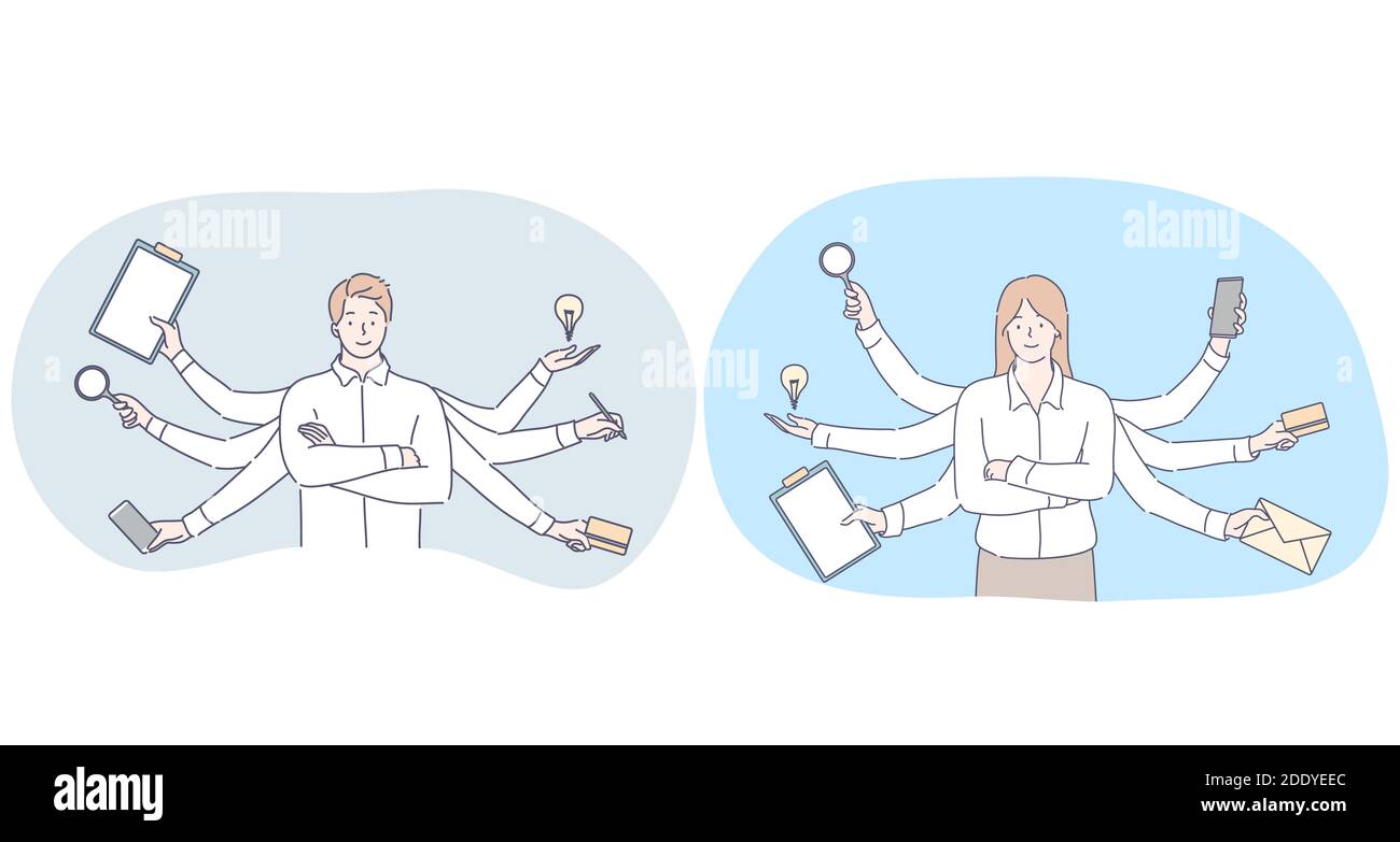Multitasking in business and office work concept. Young smiling man and woman business people office workers standing between variety of tasks for wor Stock Vector