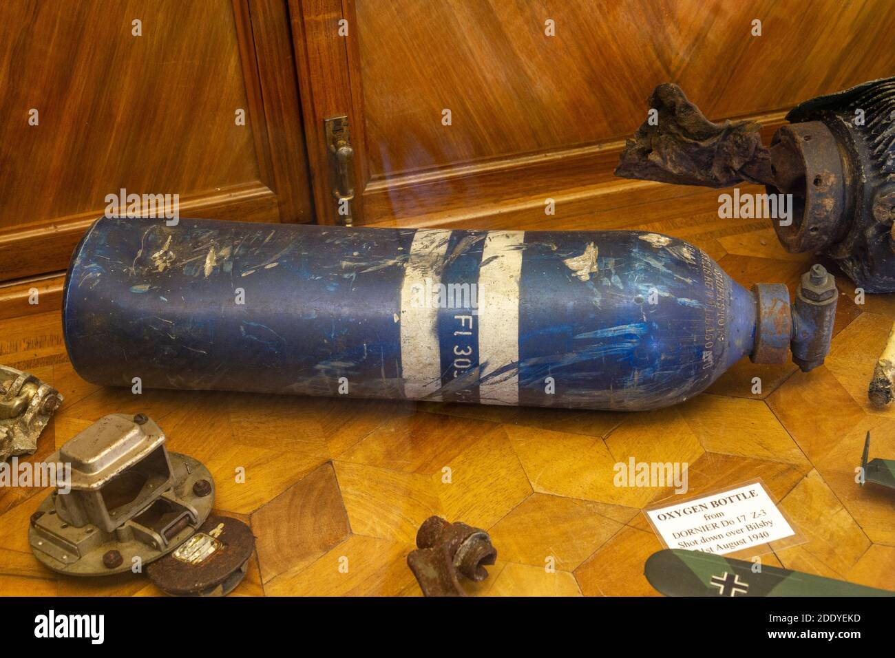 Oxygen tank from a German Dornier Do 17 Z-3 (shot down on 21st Aug 1940). Thorpe Camp Visitor Centre, Lincolnshire, UK. Stock Photo