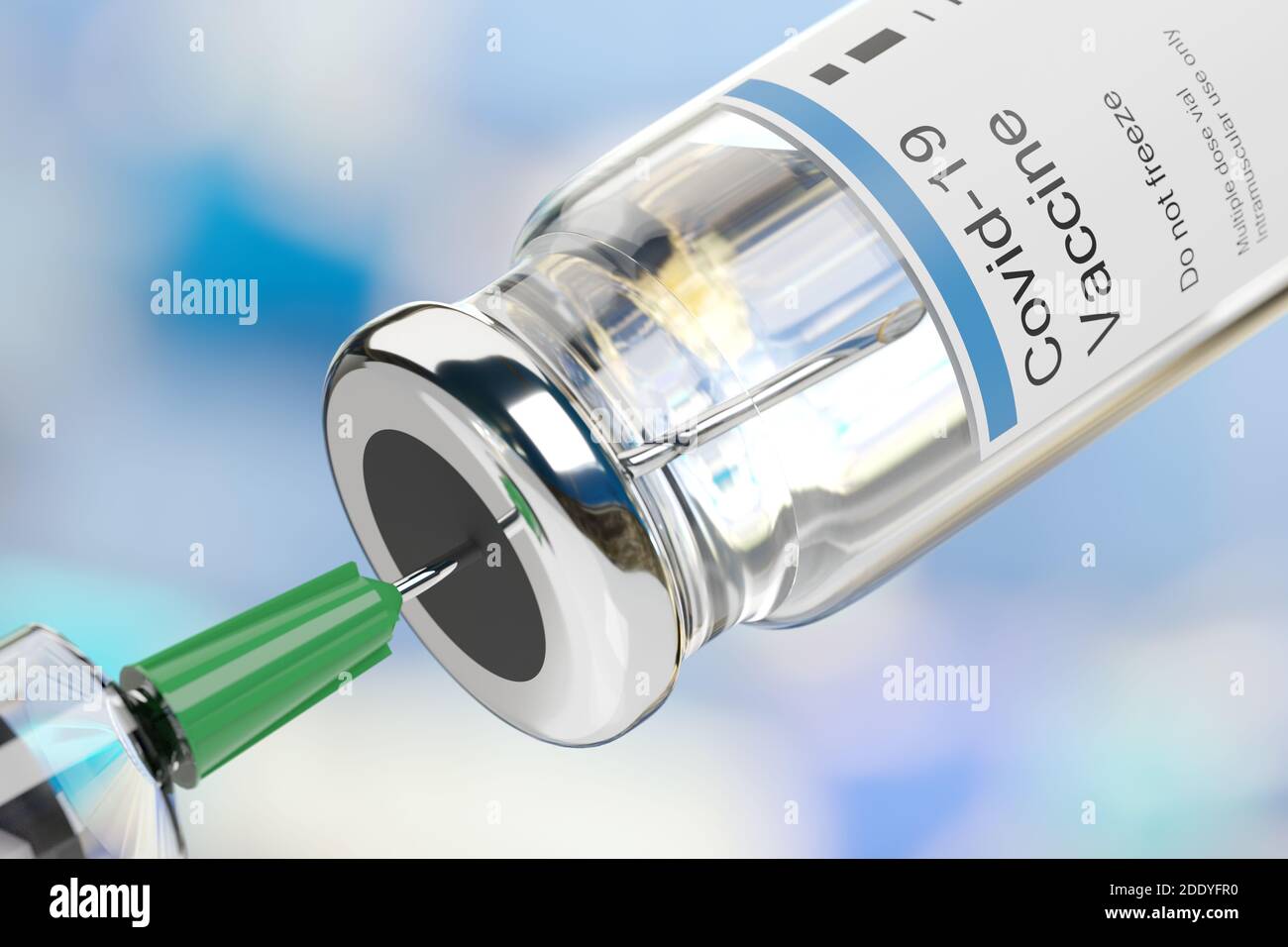 Covid -19 vaccine vial and injection syringe on blue background. 3d illustration. Stock Photo