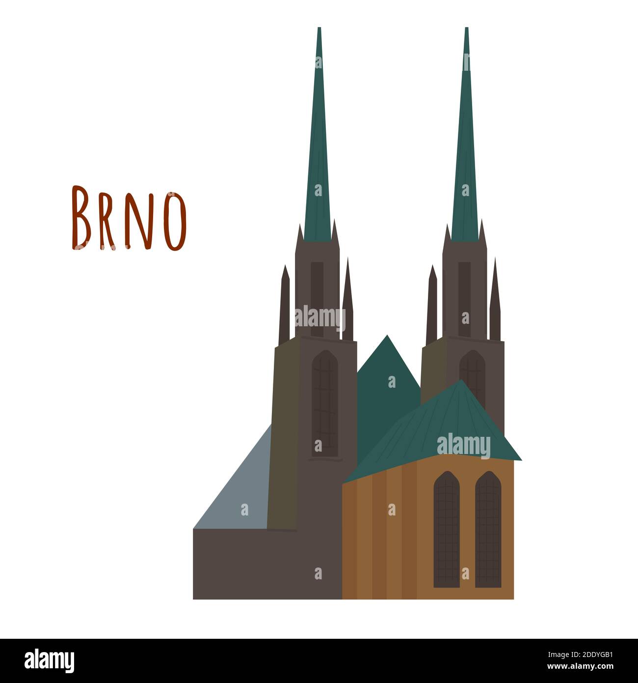 Cartoon flat Catholic Cathedral of Saints Peter and Paul in Brno. Symbol of Czech. Vector flat illustration isolated on white background. Stock Vector