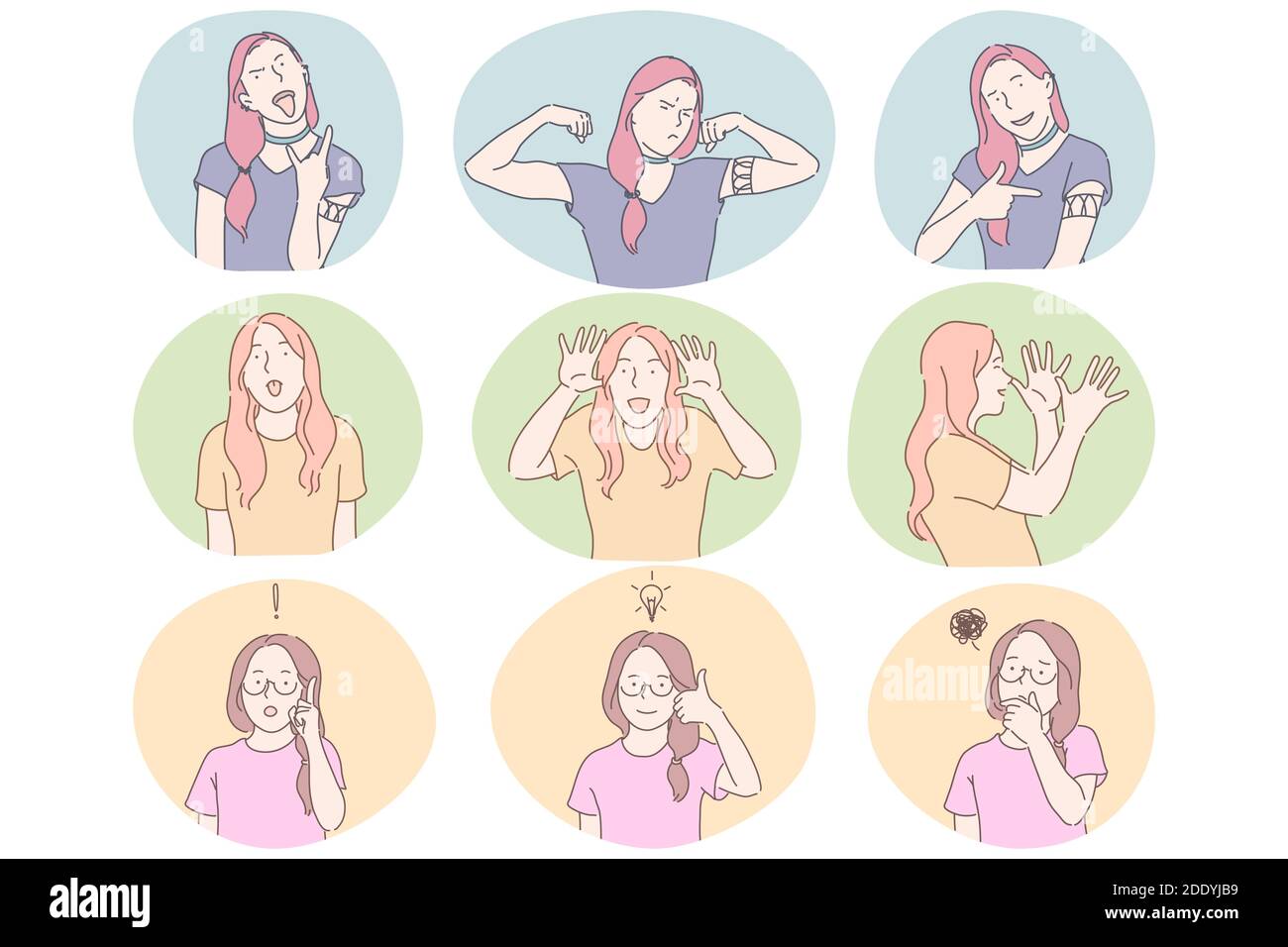 Sign language, gestures, hands and facial expression communication concept.  Young girls cartoon characters showing cool strength, power, fun, having i  Stock Vector Image & Art - Alamy