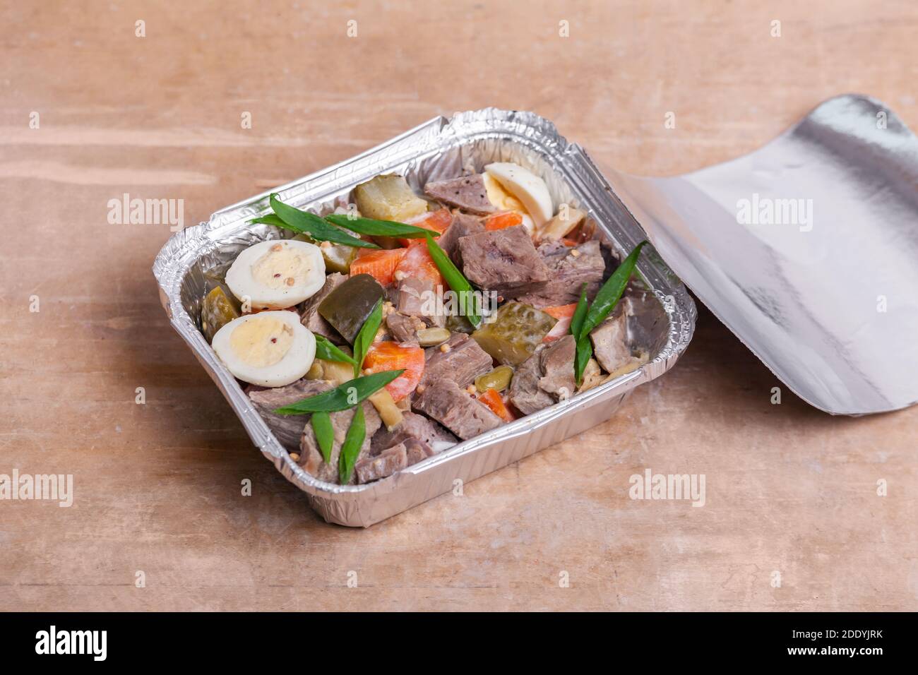 healthy food delivery and roasted meat with egg and carrot in takeaway lunch box Stock Photo Alamy