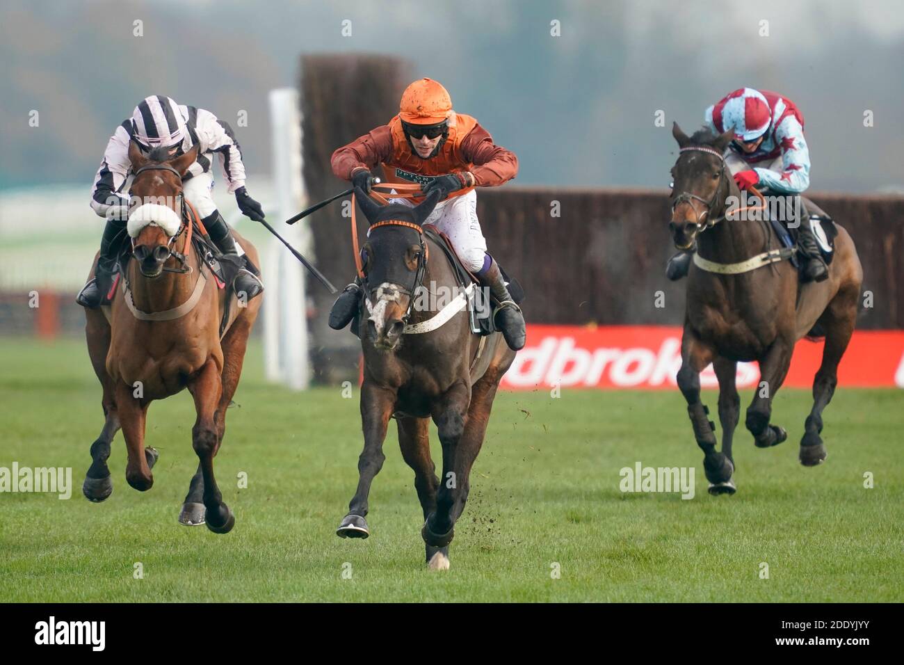 Elusive Belle ridden by Sam Waley-Cohen (centre) wins The Ladbrokes Daily Odds Boosts Chase at Newbury Racecourse. Stock Photo