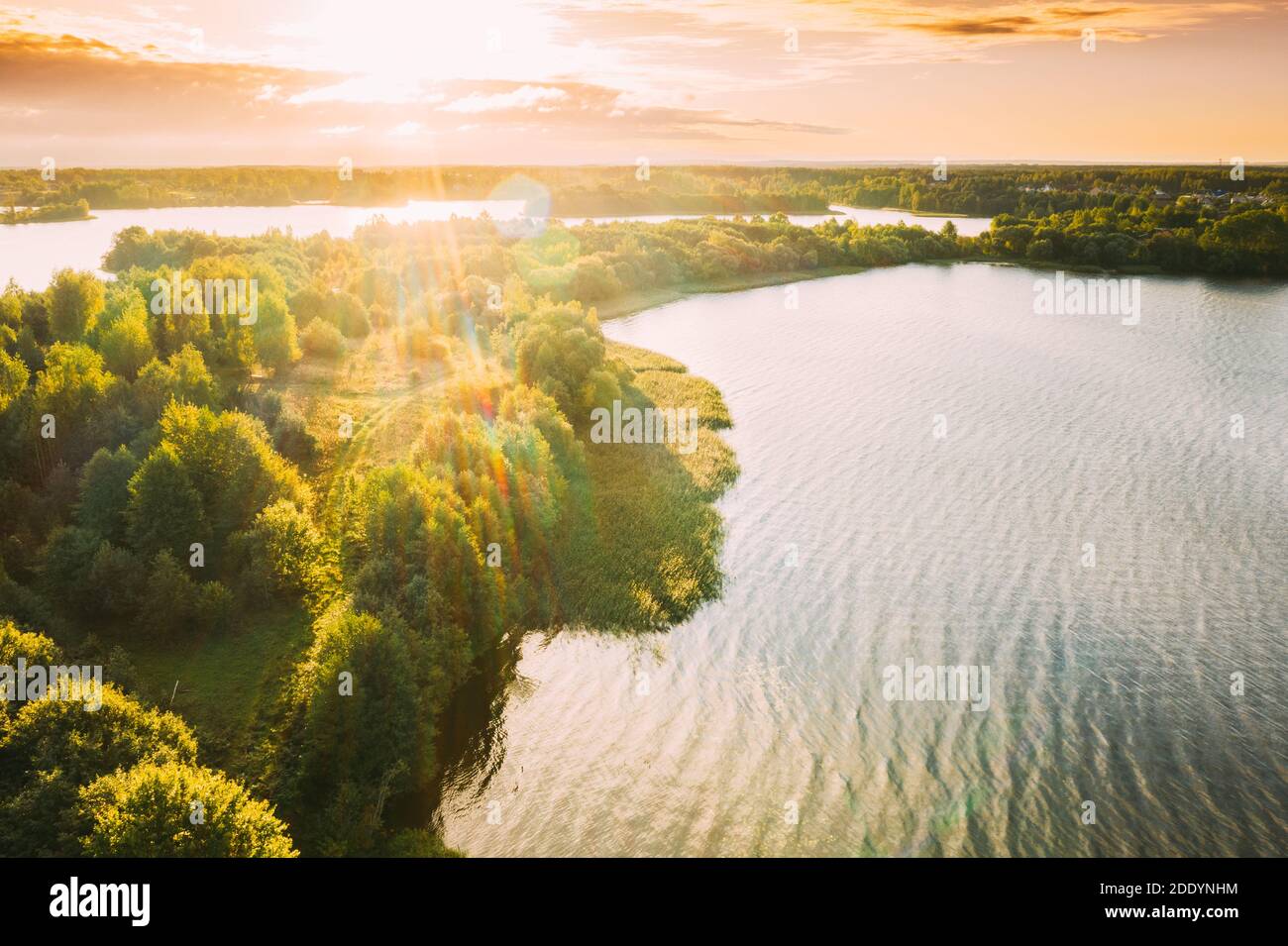 Belarus. Elevated View Of Green Forest Growth On River Coast Landscape In Sunny Summer Morning. Stock Photo