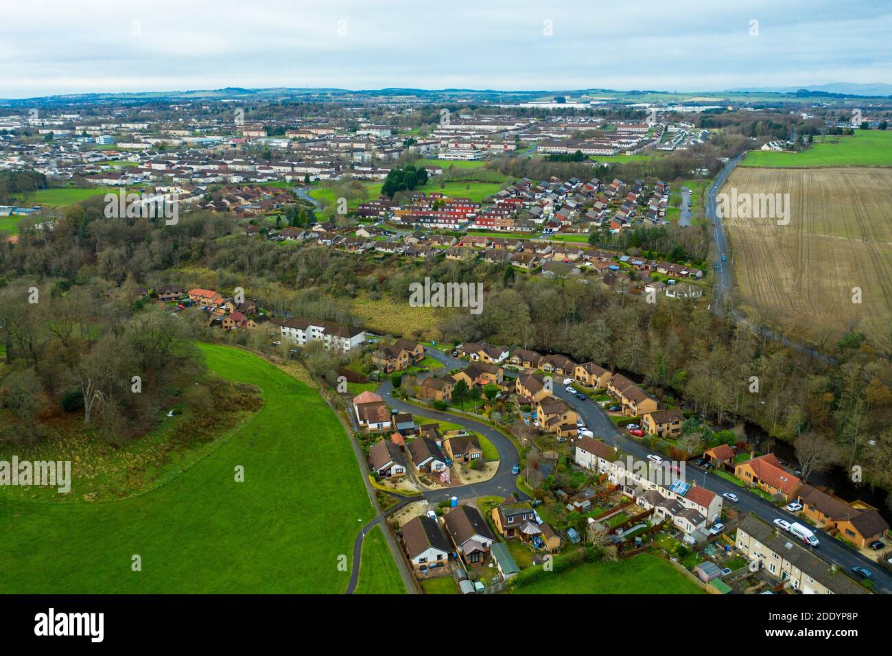 Aerial view of Mid Calder village centre, West Lothian, Scotland Stock