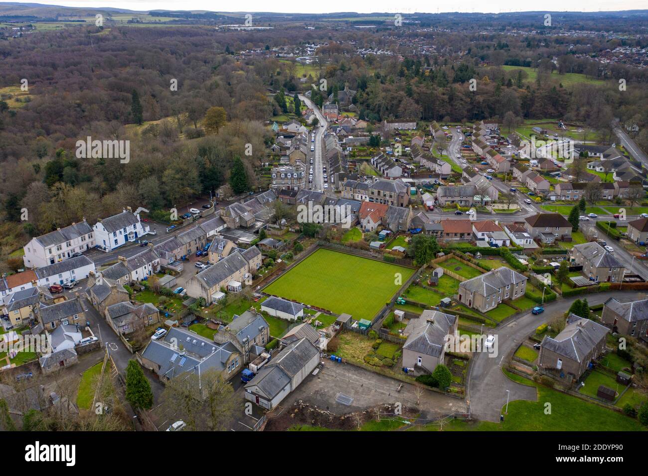 Aerial view of Mid Calder village centre, West Lothian, Scotland Stock