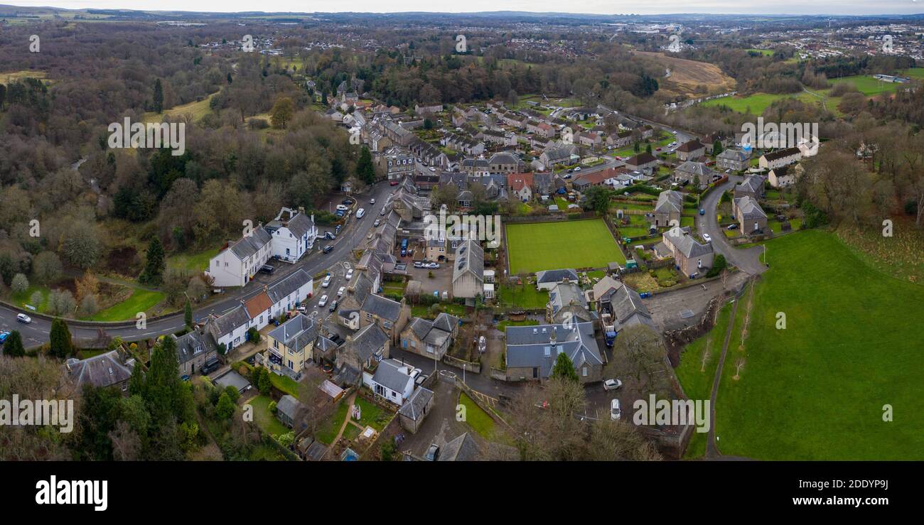 Aerial view of Mid Calder village centre, West Lothian, Scotland Stock Photo