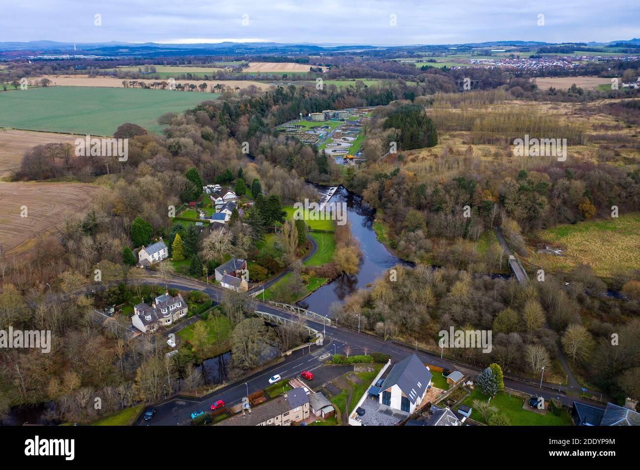 Aerial view of Mid Calder village centre, West Lothian, Scotland Stock
