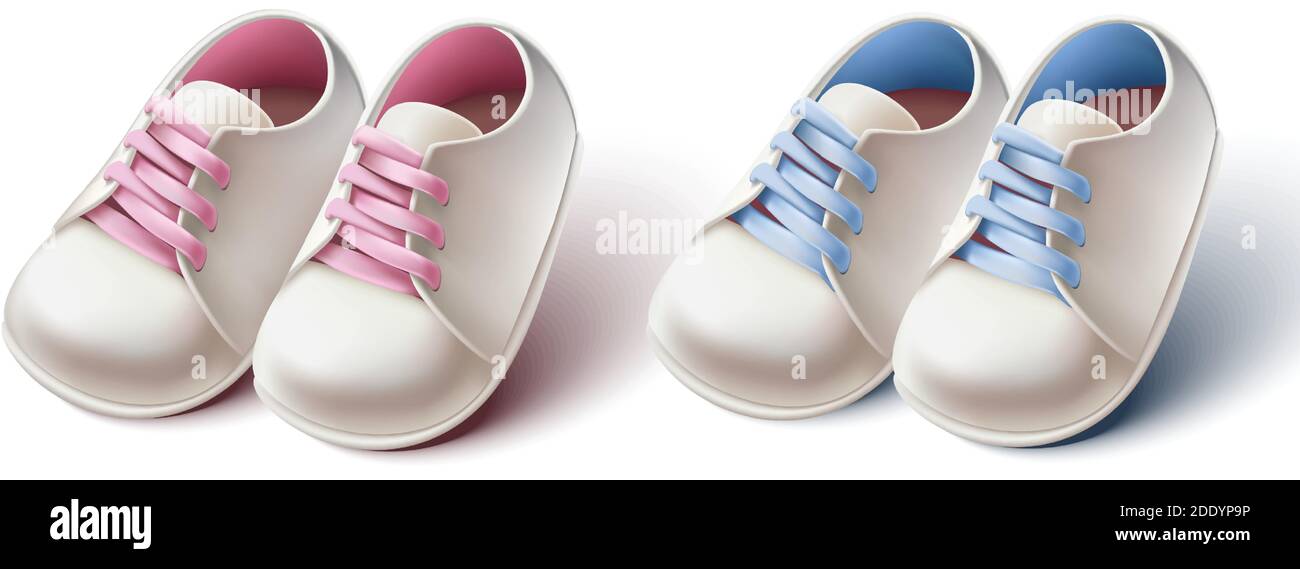 3d realistic collection of baby girl and boy pram shoes. Design element for baby shower invitations, birthday card or baptism ceremony. Stock Vector