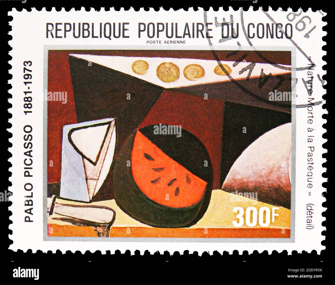 MOSCOW, RUSSIA - NOVEMBER 20, 2020: Postage stamp printed in Congo shows Nature Morte á la Pastéque, 100th Anniversary of the birth of Pablo Picasso s Stock Photo