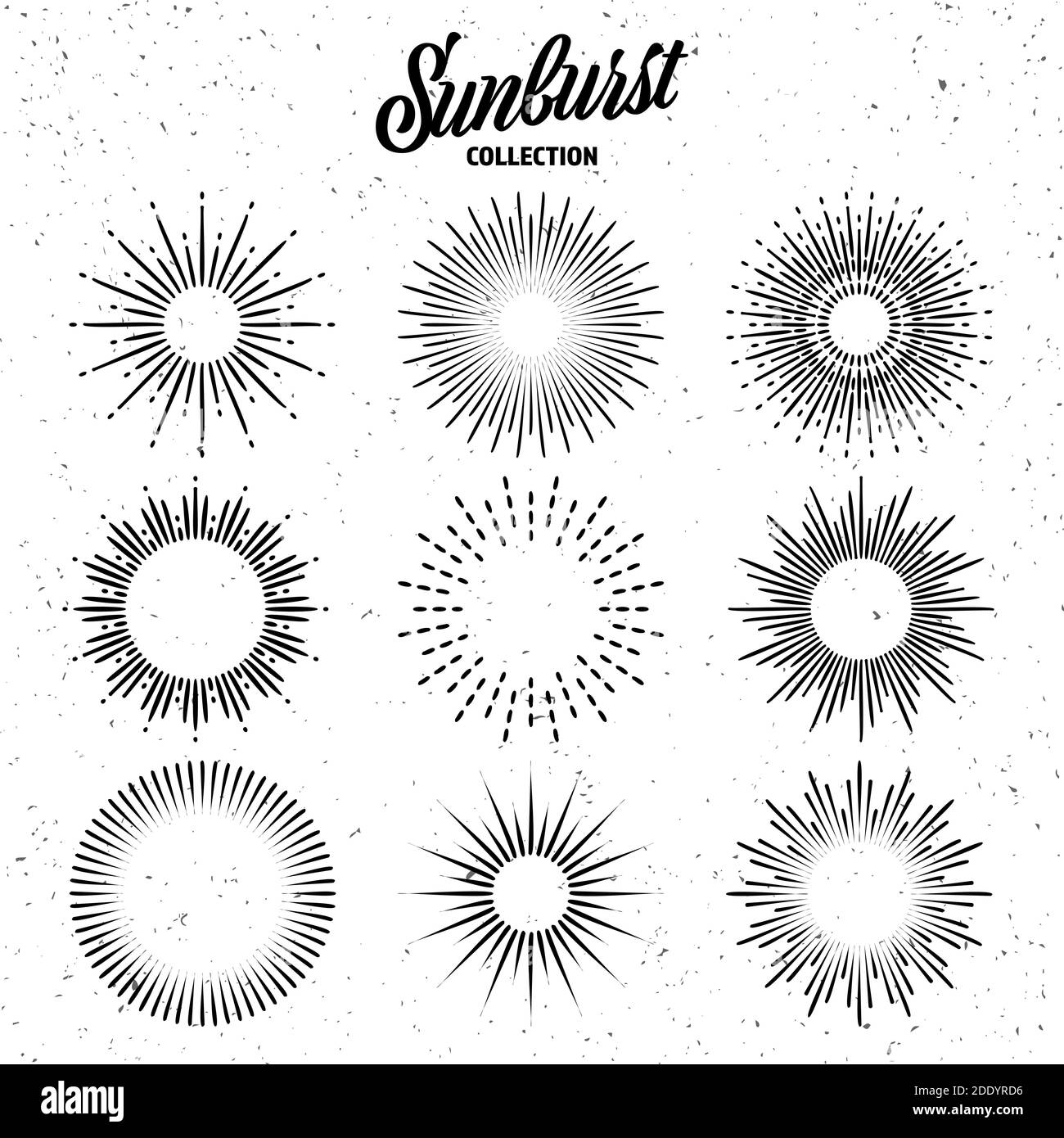 Vintage grunge sunburst collection. Bursting sun rays. Fireworks. Logotype or lettering design element. Radial sunset beams. Vector illustration. Stock Vector