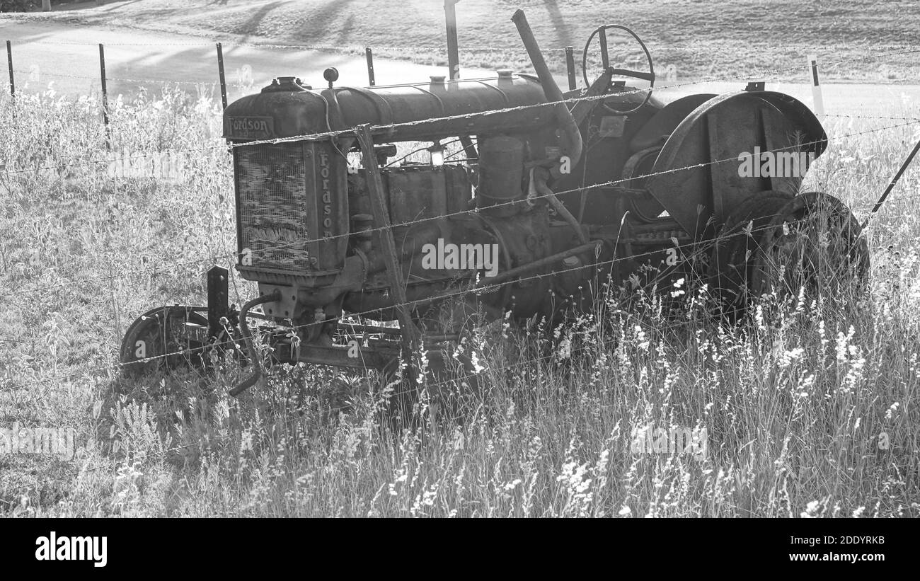 An old tractor in black and white, near eungella natural park, where you can see platypus in nature Stock Photo