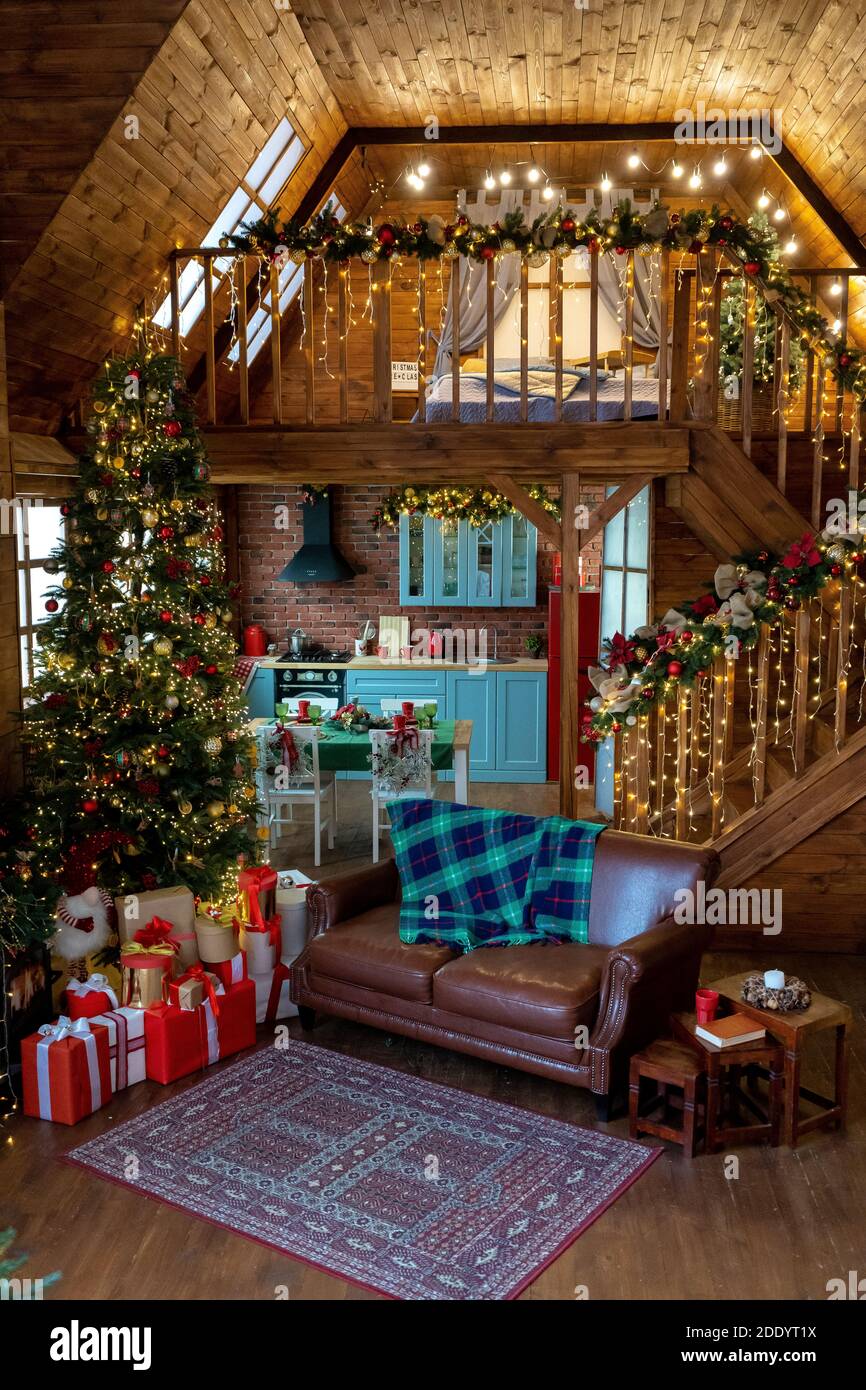 Christmas tree with lights and gifts. Home cozy holiday. Christmas ...