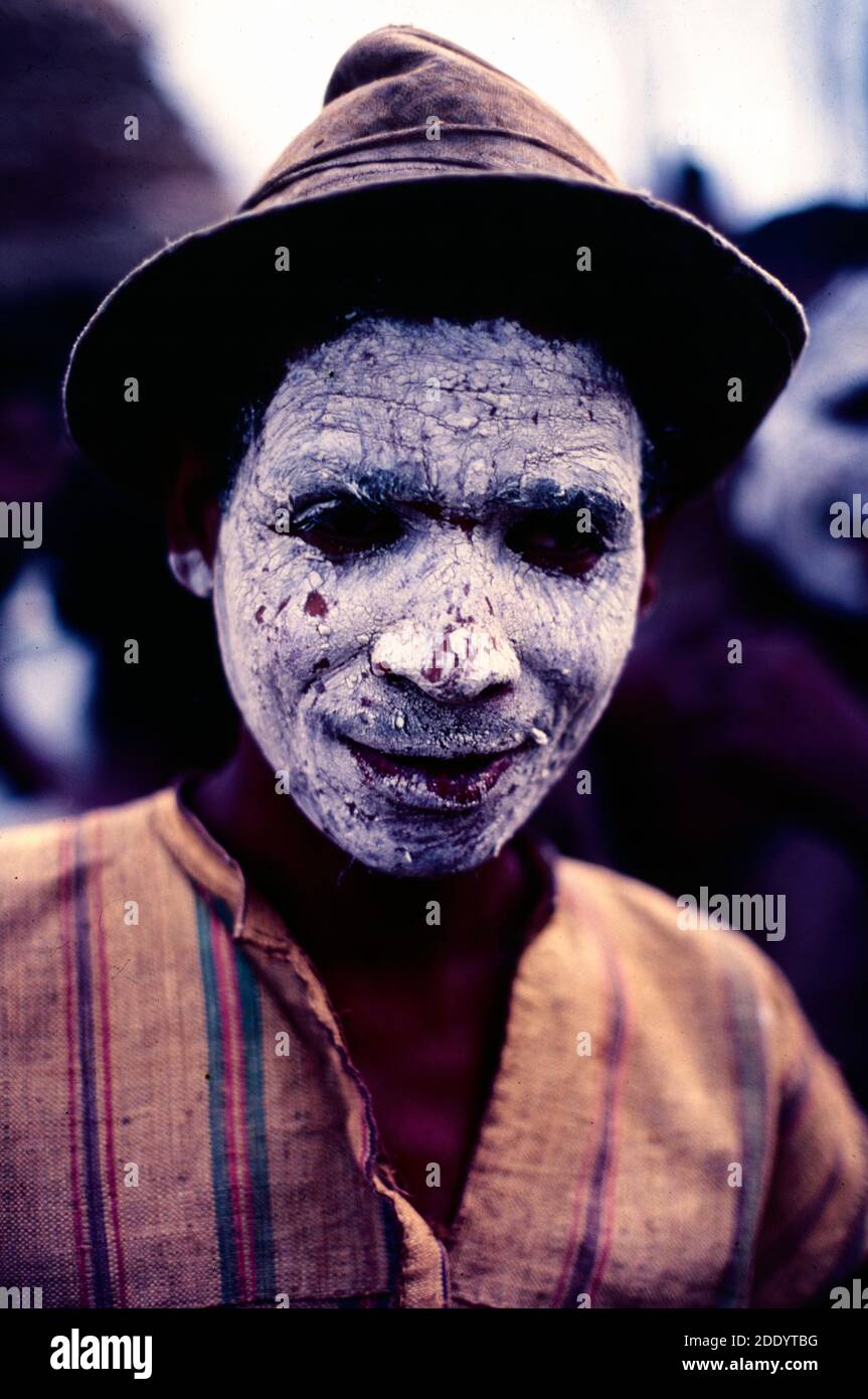 Malagasy Man or Madagascar Man Wearing White Face Paint or Warrior Mask in Ritual Sambatra Festival Mananjary Madagascar Stock Photo