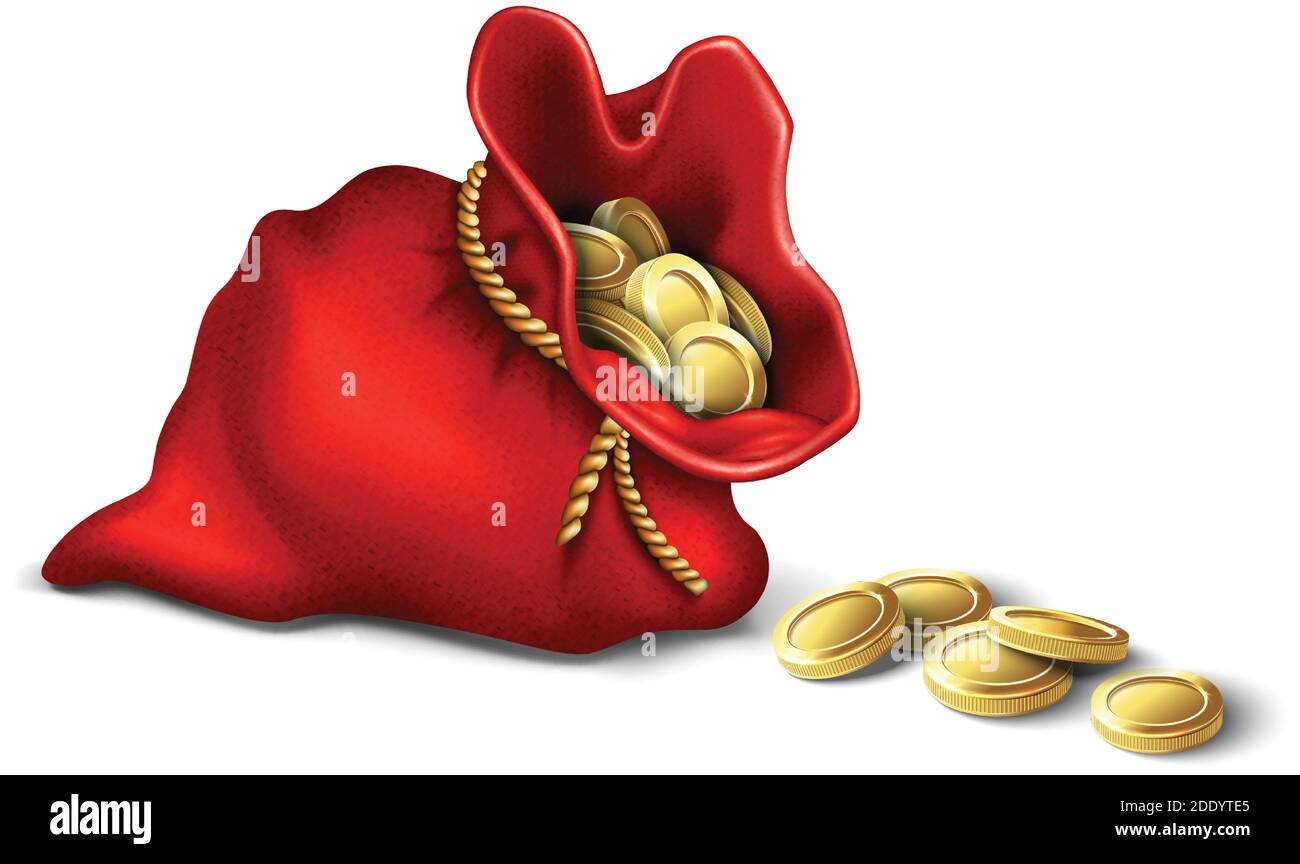 3d realistic vector red vintage bag wallet with golden coins. Isolated on white background icon. Stock Vector