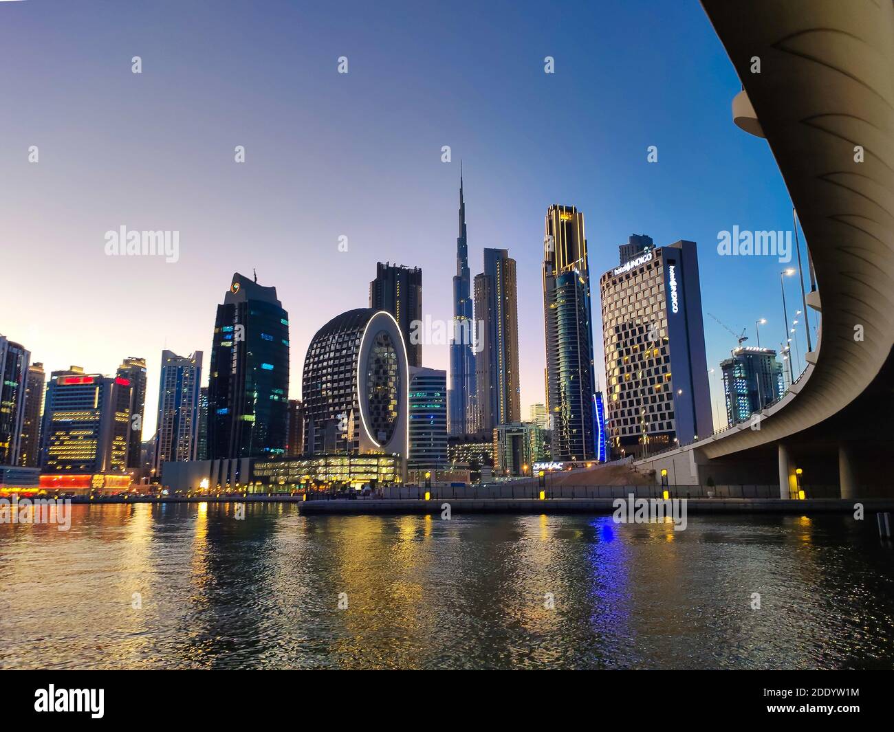 Dubai, United Arab Emirates - October 19, 2020: Downtown Dubai modern cityscape skyline view from the Marasi marina in the Business Bay at sunset in t Stock Photo