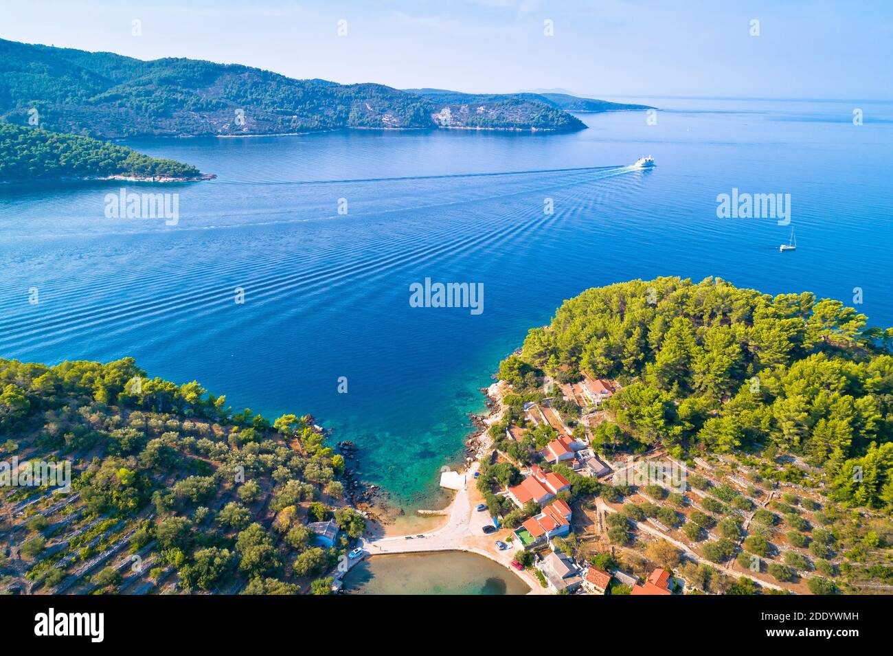 Korcula island. Bay entrance of Vela Luka aerial view, archipelago of southern Dalmatia, Croatia Stock Photo