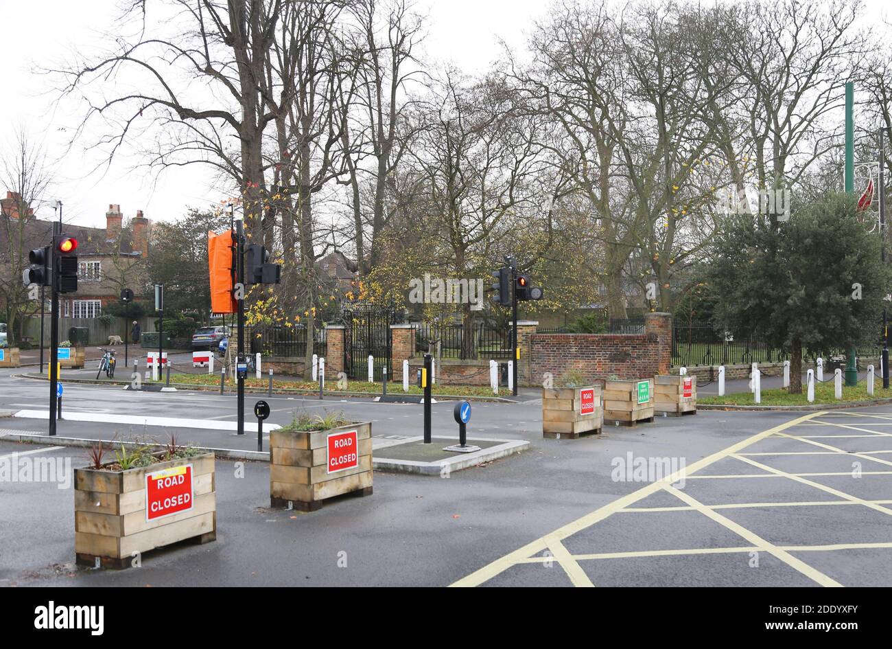Street closure - junction of Dulwich Village & Calton Avenue, London, UK. Part of Southwark's StreetSpace scheme for safer residential roads, 2020. Stock Photo