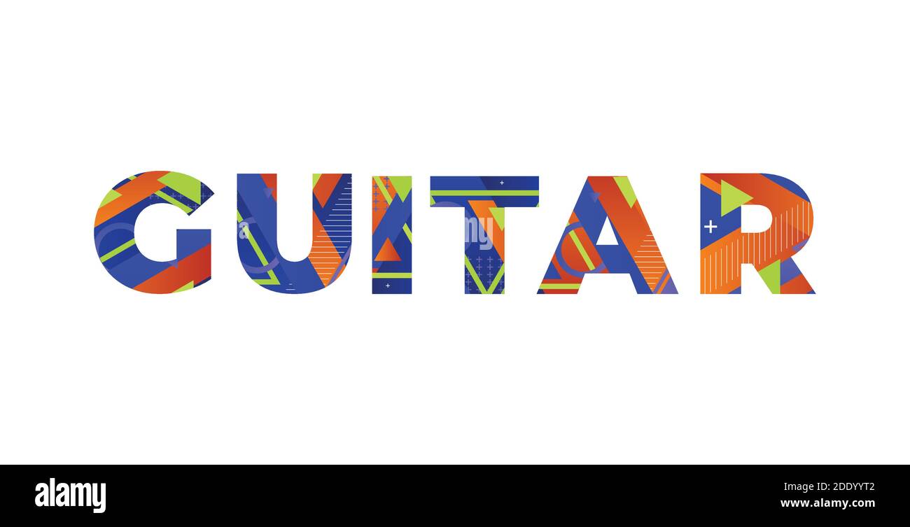 The word GUITAR concept written in colorful retro shapes and colors