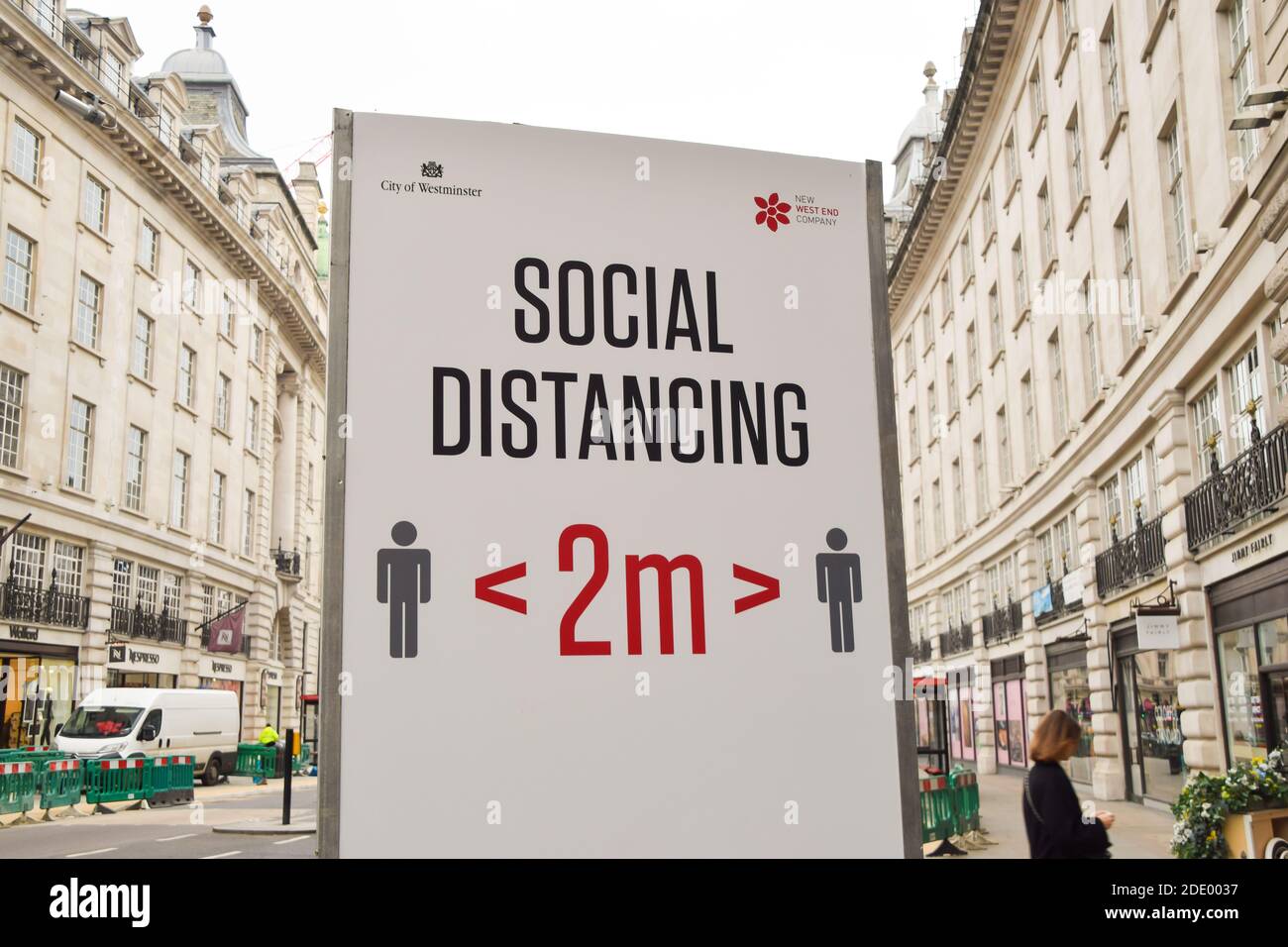 Detail of a social distancing sign on Regent Street, London Stock Photo