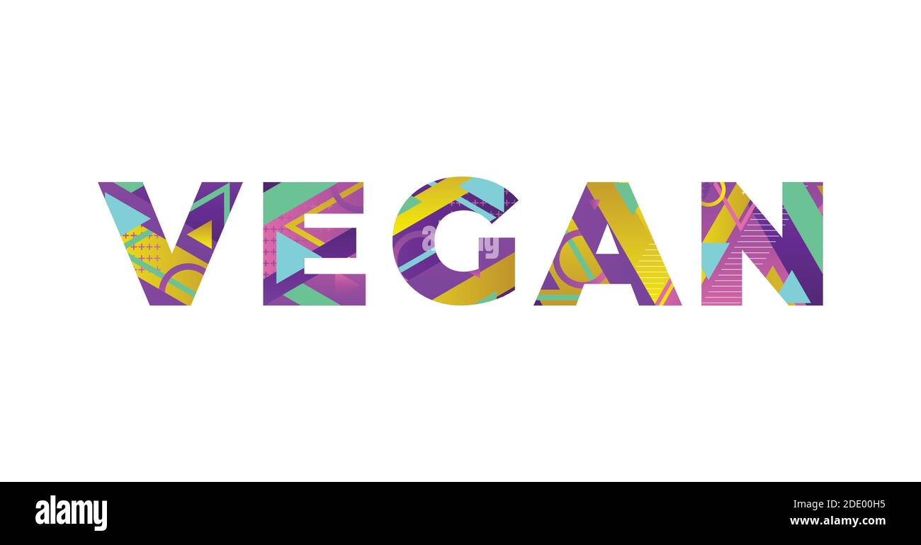 The word VEGAN concept written in colorful retro shapes and colors