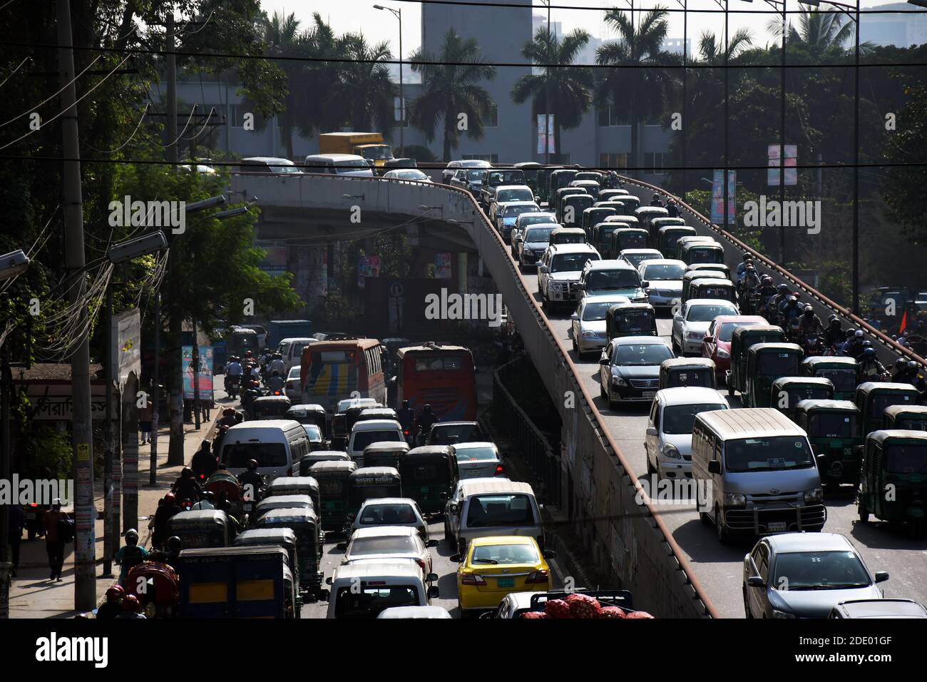 DHAKA, BANGLADESH 26 November 2020 Traffic overcrowding on the fly over and road at Tejgaon