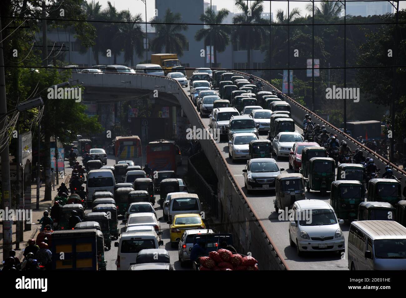 DHAKA, BANGLADESH – 26 November 2020: Traffic overcrowding on the fly over and road at Tejgaon area in Dhaka. Traffic jams are prone in Dhaka, affecti Stock Photo