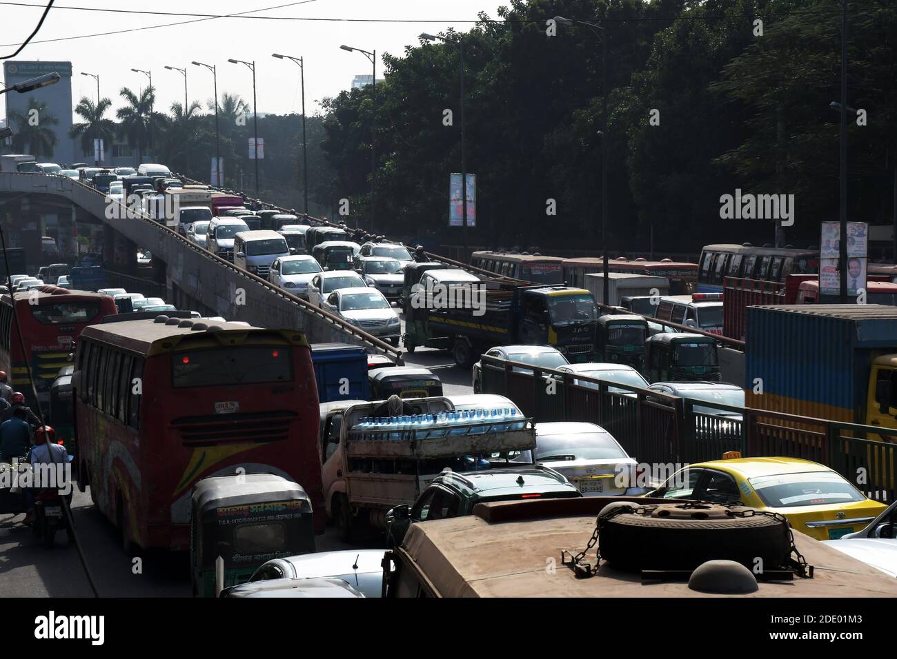 DHAKA, BANGLADESH 26 November 2020 Traffic overcrowding on the fly over and road at Tejgaon