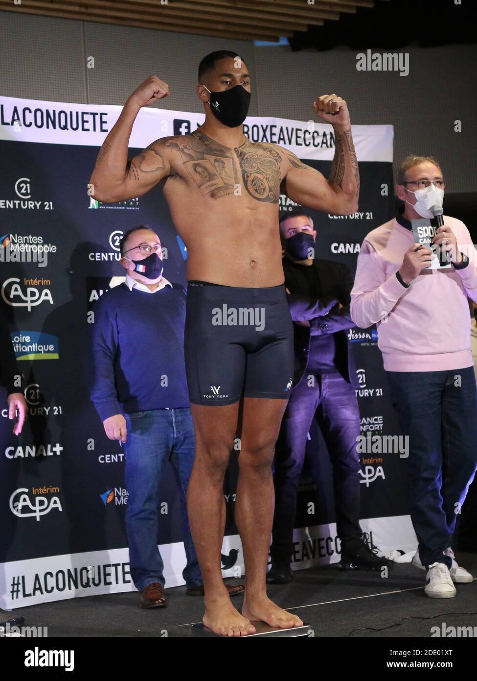 Tony Yoka of French during the official weighing and press conference  before the heavyweight boxing bout between Tony Yoka (FRA) and Christian  Hammer (GER) on November 26, 2020 at the H Arena