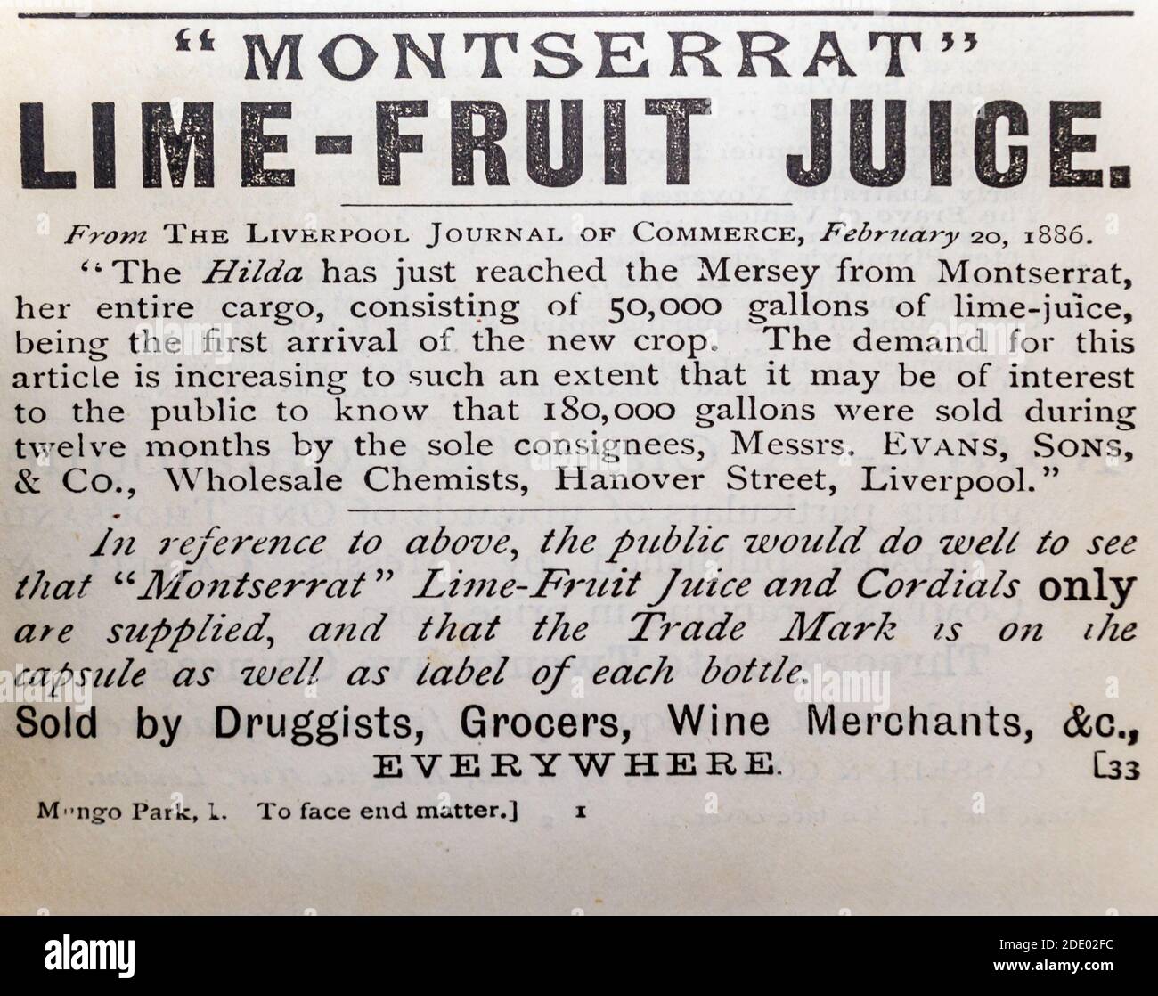 Montserrat Lime Fruit Juice vintage advert circa 1887 Stock Photo