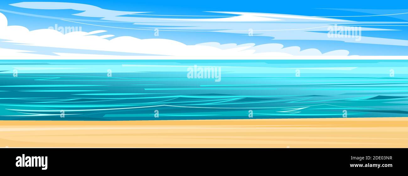 Seaside. Yellow coastal sand. Tidal bore. Foamy waves of the sea. Skyline with clouds and blue sky. Flat style. Water landscape. Stock Vector