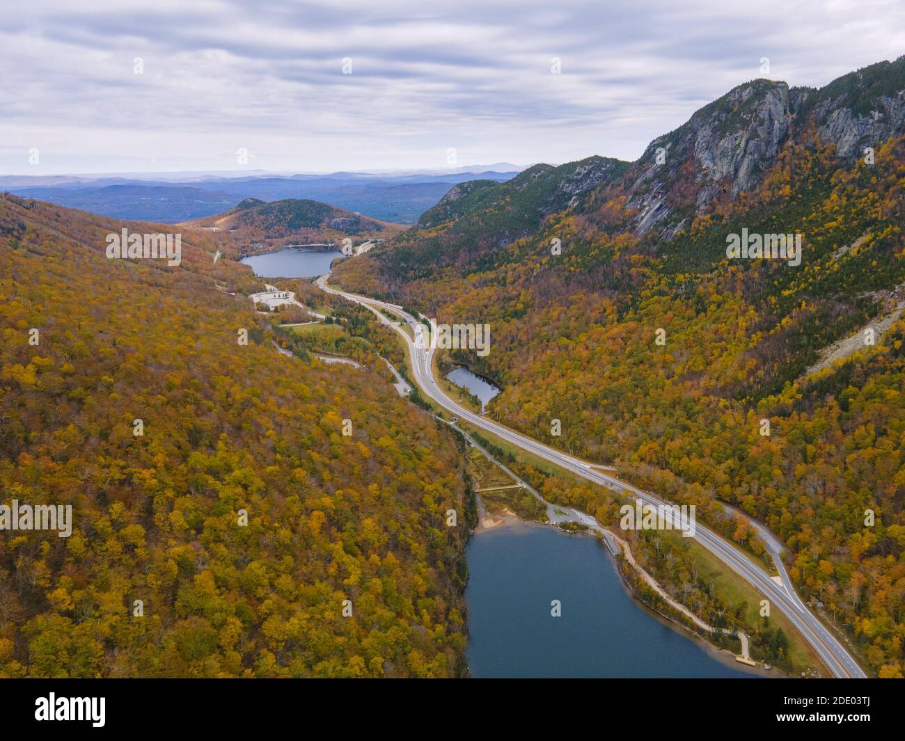 Franconia Notch with fall foliage aerial view including Profile Lake
