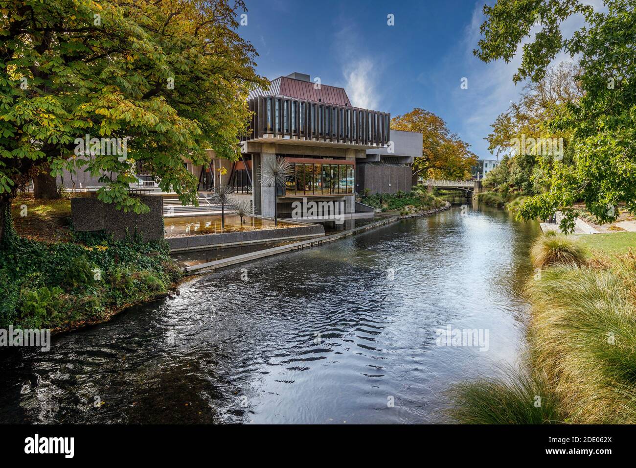 Autumnal view of Christchurch Town Hall on the banks of the Avon River, New Zealand. Stock Photo