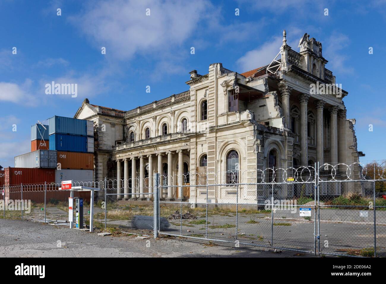 Awaiting demolition following the earthquake of 2011, the 1905 Cathedral of the Blessed Sacrament, Christchurch, New Zealand. Stock Photo