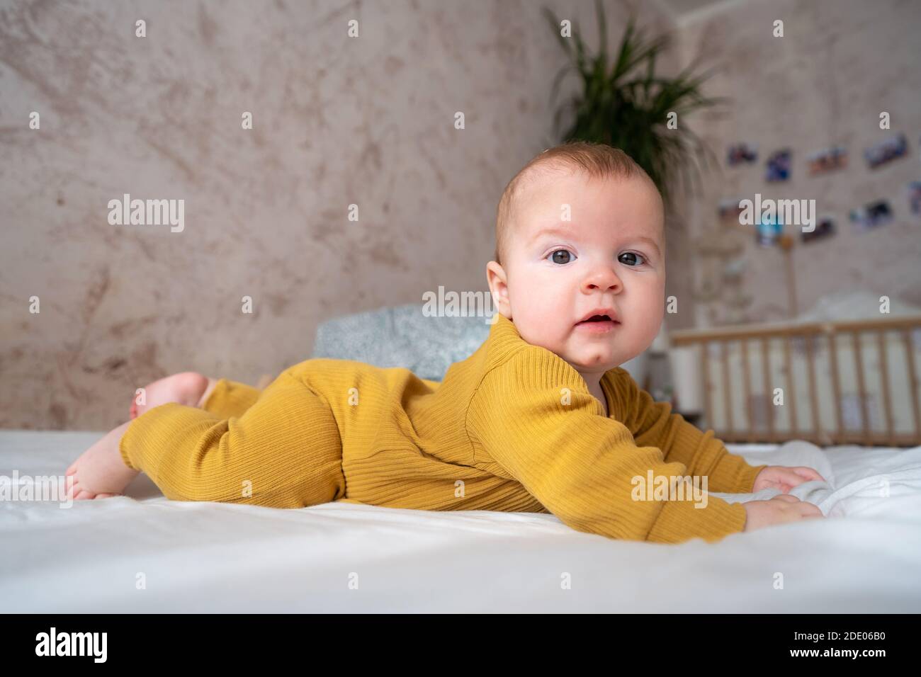 Five months baby boy. Adorable baby boy in sunny bedroom. Newborn child relaxing in bed. Nursery for children Stock Photo