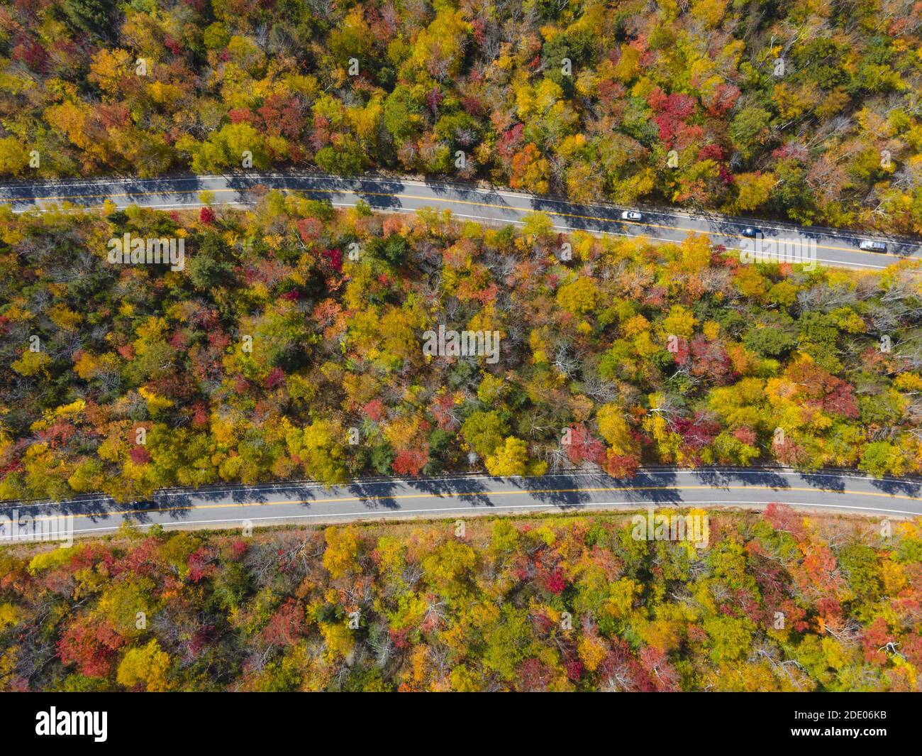 White Mountain National Forest fall foliage on Kancamagus Highway near Hancock Notch top view, Town of Lincoln, New Hampshire NH, USA. Stock Photo