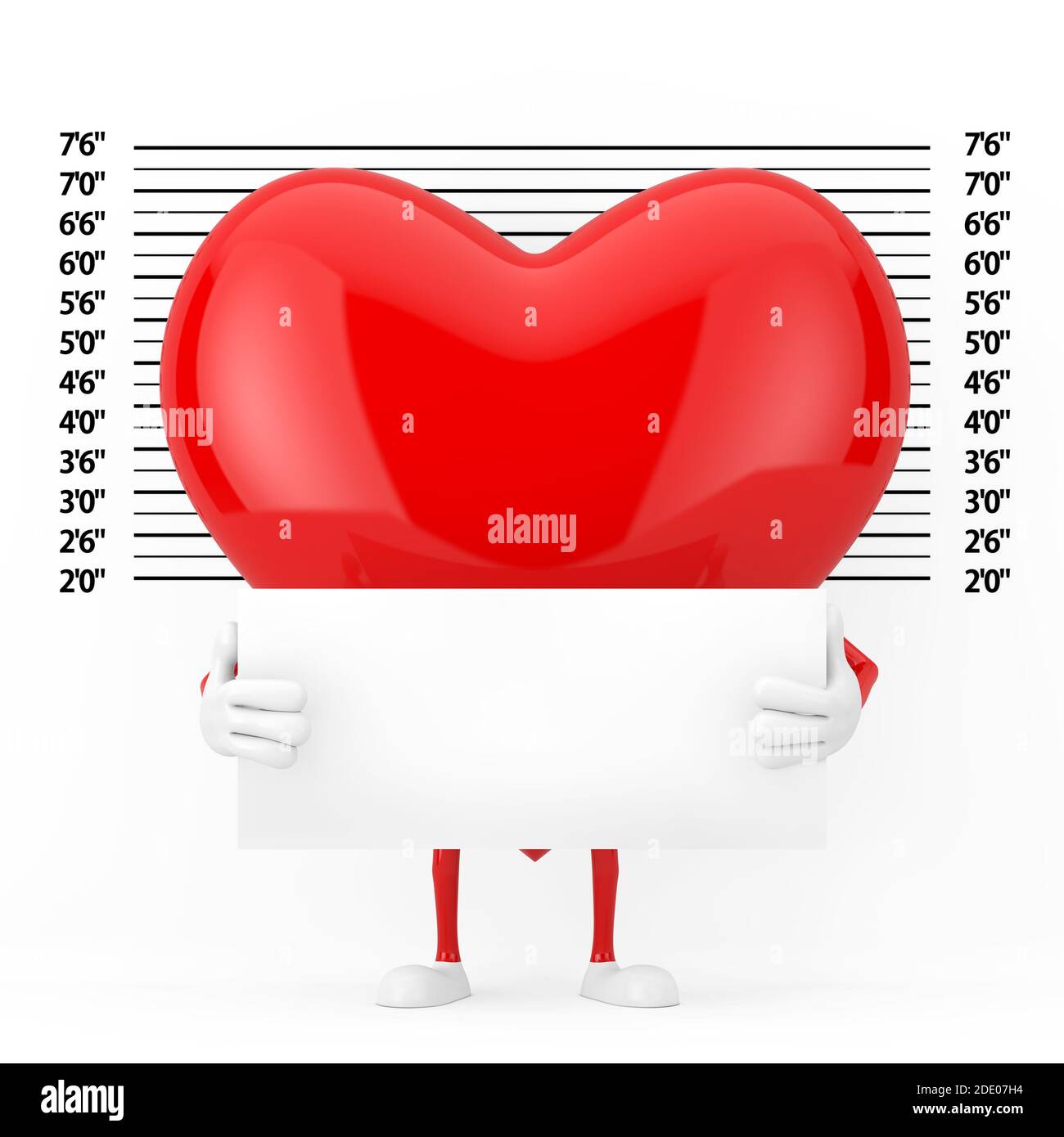 Red Heart Character Mascot with Identification Plate in front of Police Lineup or Mugshot Background extreme closeup. 3d Rendering Stock Photo